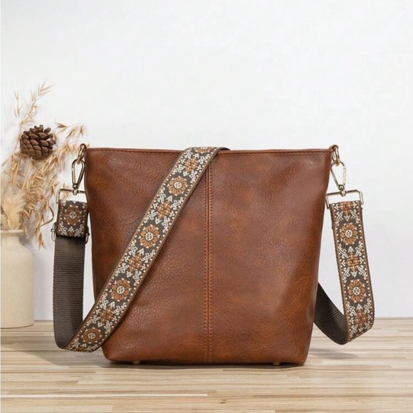 Floral print strap vegan leather boho vintage shoulder bag purse brown - Picture 1 of 4